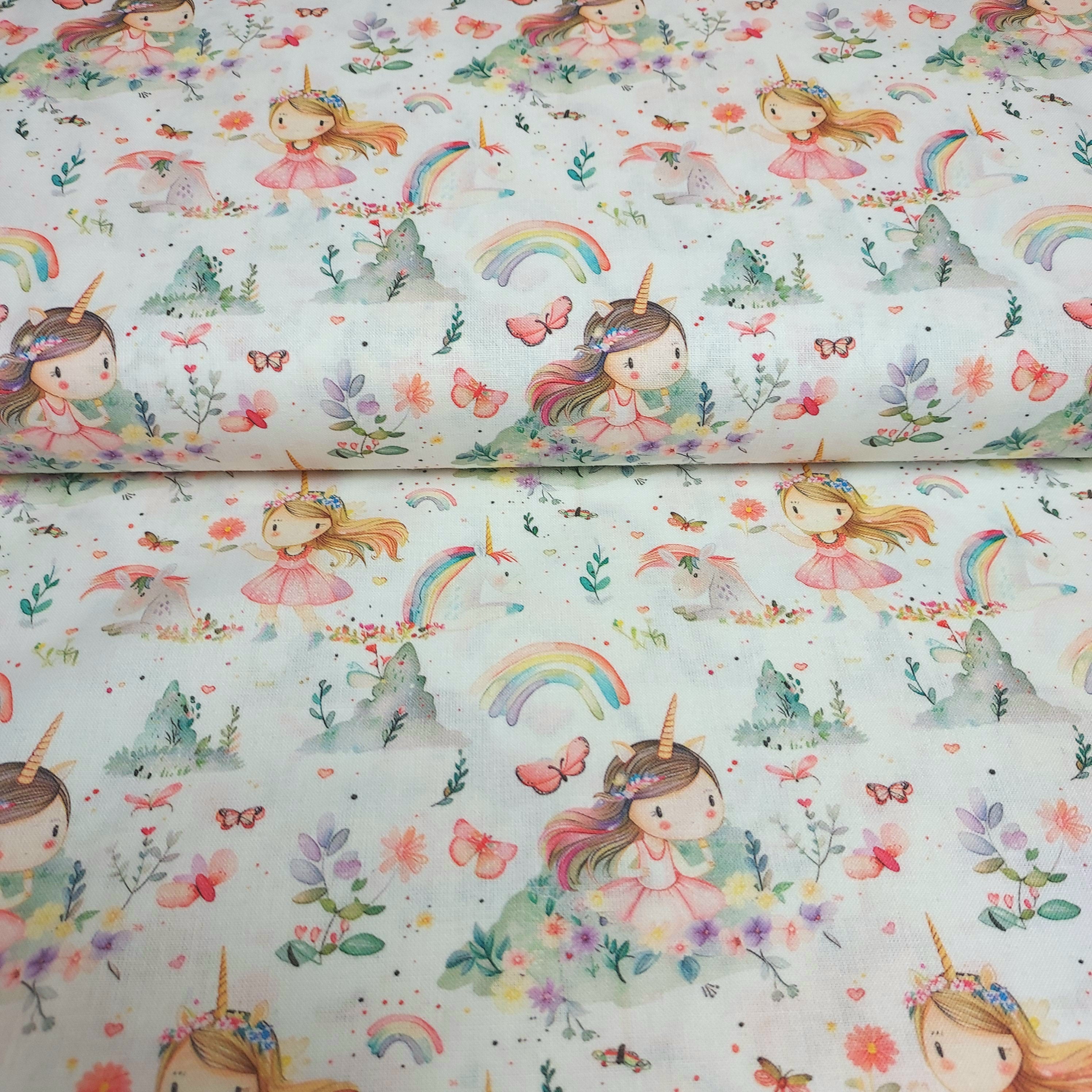 Tejido algodón Niña y Arcoíris
